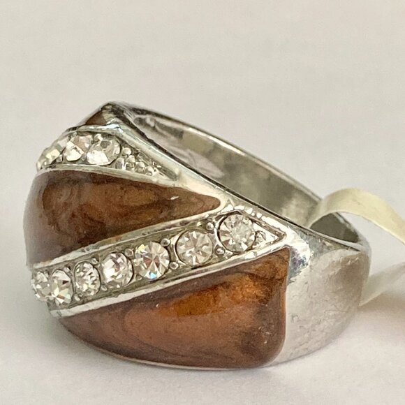 Vintage Brown Enamel Cocktail Ring Silver Plated Crystal Rhinestone Sz 7 9 Boho - Picture 6 of 8